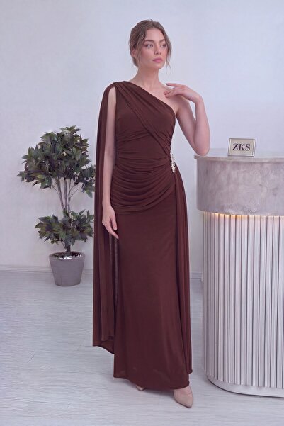 zks grup tekstil Women's One-Shoulder Cape Draped Stone Detailed Long Crepe E...