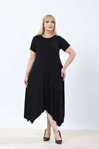 kısmet sepeti Women's Plus Size Asymmetrical Cut Black Etegi Stone Patch Deta...