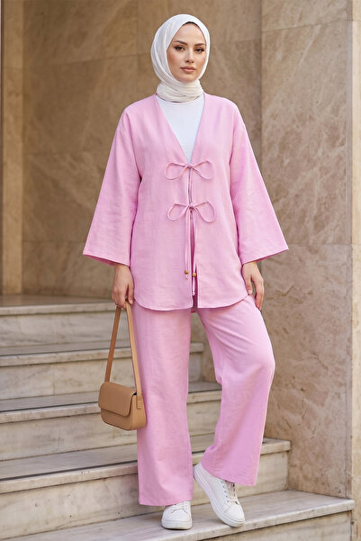 FERHEL Set kimono și pantaloni pentru femei, cu legătură în față - Roz