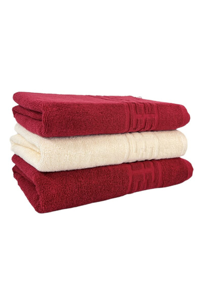 Plush Set of 3 Bath Towels, 100% Cotton, 550g/m², Greek, Red / Beige-DJ