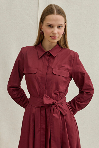 ViadelAtelier Soft Cotton Belted Long Burgundy Dress