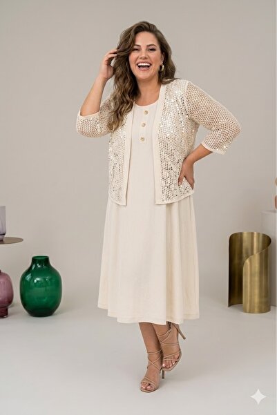 DARKWIN Plus Size Two-Piece Set Sleeveless Inner Dress Mesh Detailed Short Ca...