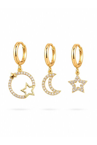 serelya Brass Zircon Stone Star and Moon Model Gold Color 3-Piece Women's Ear...