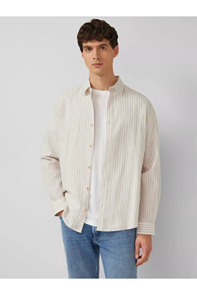 s.Oliver Men's striped shirt, made of linen blend, Regular fit, Beige, M
