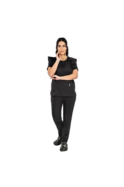 RUNI Costum medical stretch Cristina, culoare negru, bluza cu volane si panta...