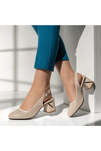Modlet.ro Pantofi de damă bej perforați cu toc MOD13671