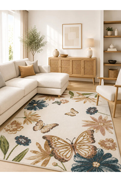 DeltaDesign Living Rug /Bedroom Carpet, Butterfly Pattern 18066/120, Cream