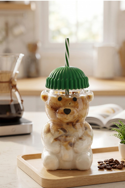 MAKRİ HOME Teddy Bear Design Glass Flask with Straw and Protective Cap 600 ml...