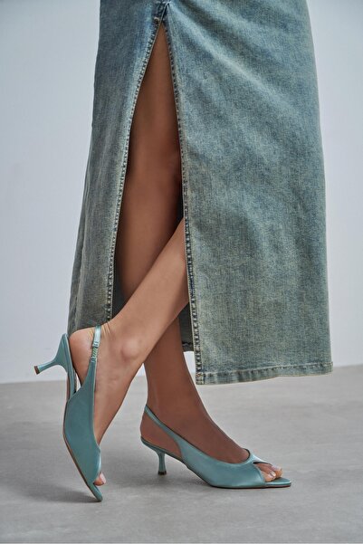 NİŞANTAŞI SHOES Salva Turquoise Satin Pointed Toe Open Front Women's Heeled S...