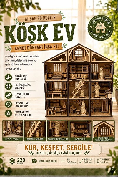 ALGWOOD Köşk Ev – Lazer Kesim Ahşap 3D Puzzle | DIY Victorian Dollhouse Minia...