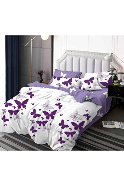 Sky Home Set de lenjerie de pat Finet 6 piese, Alb/Mov cu fluturi-KY36