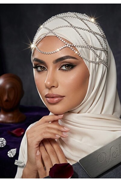 PERLMUTT Gümüş Kristal Taşlı Zincirli Alınlık Gelin Tacı Beyaz İncili Hijab C...