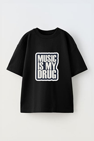 Anetos Tricou oversize negru din bumbac, cu imprimeu frontal cu slogan muzical