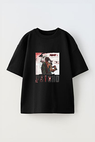 Anetos Tricou oversize negru din bumbac cu imprimeu frontal American Psycho_1...