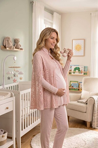 Lohusa Homewear New Season Powder Poncho Lace Dressing Gown with Breastfeedin...
