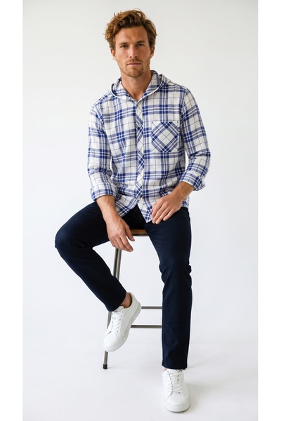 Klothy Men's Long Sleeve Plaid Hooded Linen Shirt 2403