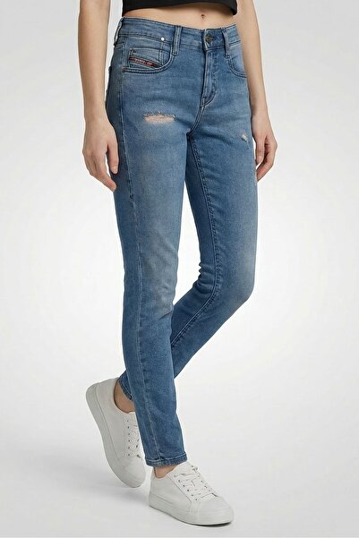 Diesel Women Regular Fit Rip Stretchable Denim Jeans, Blue