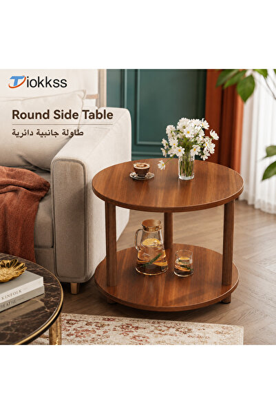 Tiokkss Round Side Table, 1pc Two-Tier Wooden Coffee Table With Storage Shelf...