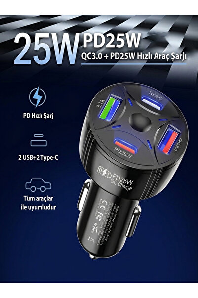 Monte Lua Super Şarj 4 Port PD25W, QC3.0, Araç Şarjı Çakmaklık, 2x Usb 2x Typ...