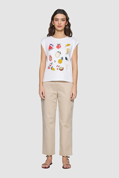 MDM Tricou alb de bumbac pentru femei cu imprimeu cu fructe - M