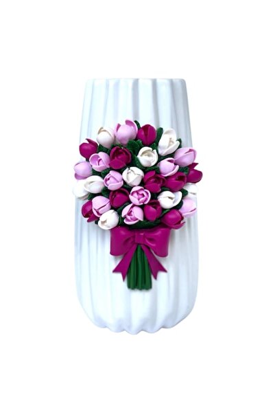 OEM Vază decorativă cu lalele din lut polimeric – decor unic, lucrat manual, ...