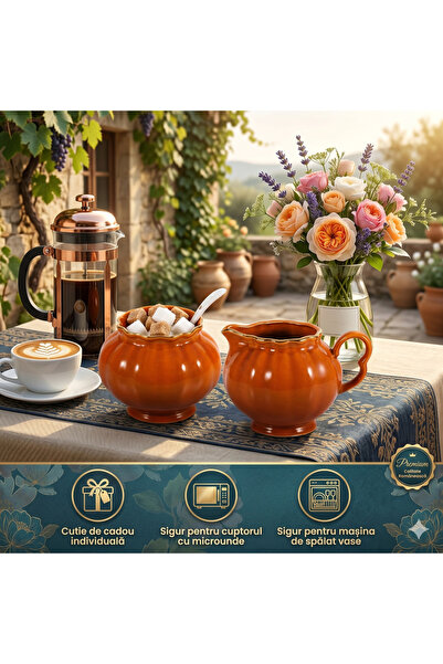 Ursword Set Zaharniță și Letieră din Ceramică Premium, 266 ml / 236 ml, cu Capac și Linguriță, Design Elegant cu Margini Aurii, Portocaliu