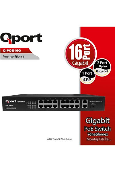 Yıldızan Tamgün Qport Q-Poe16G 16 Port Gigabit + 2 Port Gigabit Uplink Poe Sw...