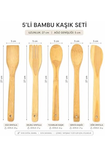 Yıldızan Tamgün 5 Piece Bamboo Kitchen Spoon Set – 100% Natural, Scratch-Resi...