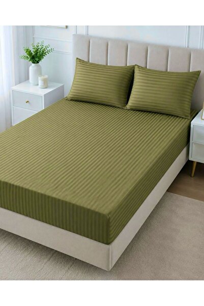 Sares Home Set de lenjerie de pat dublă din bumbac, culoare verde kaki, cu du...