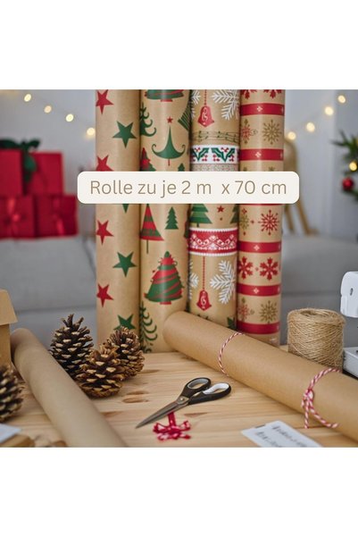 Other Hârtie de împachetat cadouri de Crăciun - 5 role de 2 m x 70 cm |   Hârtie Kraft fabricată din hârtie reciclată cu motive de Crăciun |   Produs în Europa, hârtie de împachetat cadouri de Crăciun stabilă și rezistentă la rupere.