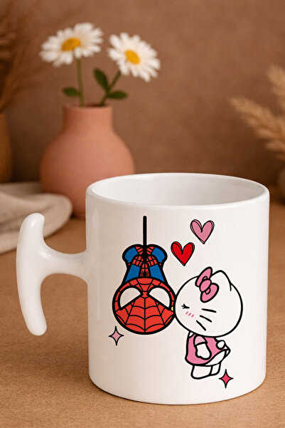 Witchy Co Örümcek Adam & Hello Kitty Baskılı Kalpli, Sevgililere Özel Kupa Ba...