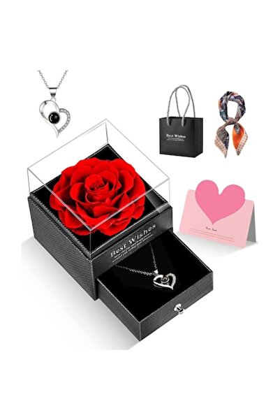 Goick Set Cadou Trandafir Etern Conservat cu Colier "Te Iubesc" 100 Limbi, Es...