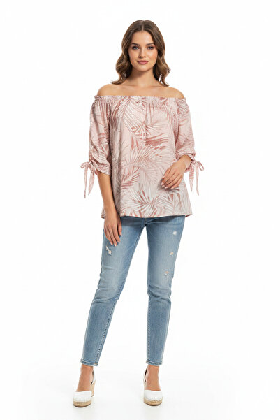 Hailys Bluza Dama Roz cu Print Tropical, Maneca 3/4 cu Snur, Primavara-Vara M...