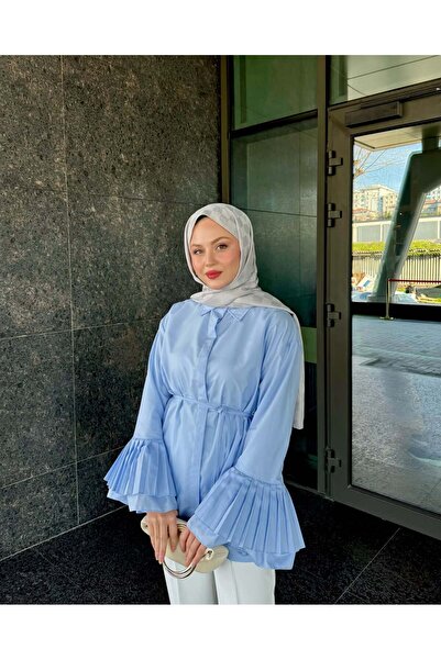 RFK Butik Kadın Kolları Piliseli Yeni Sezon Seyyar Kemerli Gömlek Tunik - Mavi