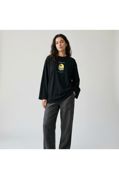 Grafftee Clothing Μαύρο μπλουζάκι Nubarco Oversize με φαρδιά γραμμή, μακρυμάν...