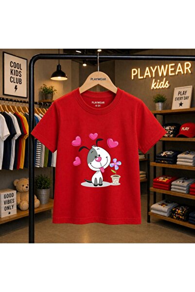 playwear Детска унисекс тениска с щампа  "Малки сърца, саксия и куче " 100% п...