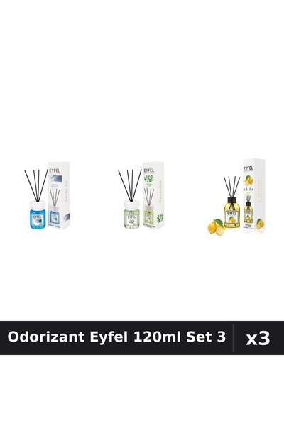 Eyfel Set 3 Odorizante Camera cu Betisoare 120ml - Cool Water, Iasomie, Lamaie