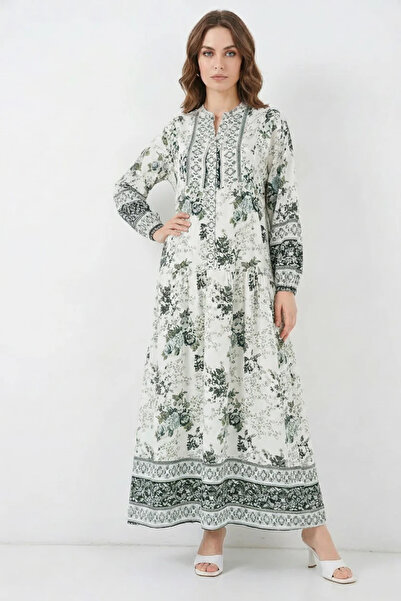 Generic Brand Women's V-Neck Gathered Waist Floral Patterned Viscose Green Wh...