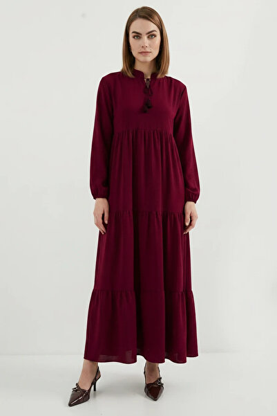 Efnaz style Women's High Collar Gathered Waist Ruffled Lace-Up Burgundy Hijab...