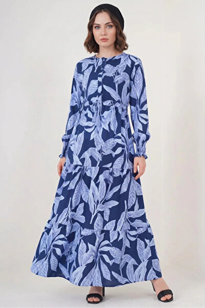buğrahayalin Women's V-Neck Gathered Waist Leaf Patterned Viscose Navy Blue H...