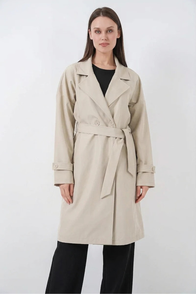 buğrahayalin Women's Double Breasted Collar Belted Beige Trench Coat