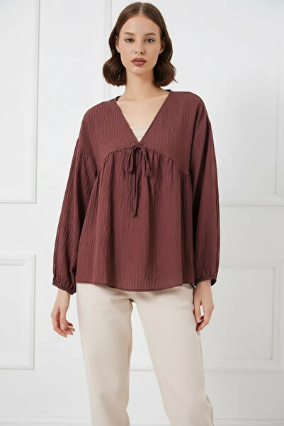 Generic Brand Women's V-Neck Gathered Long Sleeve Viscose Brown Blouse