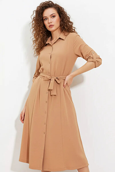 buğrahayalin Women's Belted Camel Shirt Dress