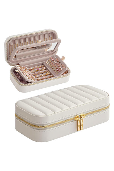 SONGMICS Travel Jewelry Box with Mirror and Organized Compartments, 20x10x6 c...