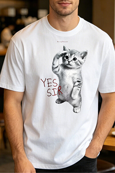 Fleck Casual Style T Shirts For Men Cat Saluting With Yes Sir Text Mens Print...