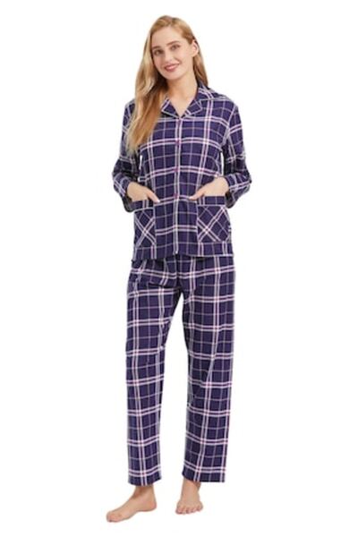 Global Set de pijamale pentru femei, Finet, Bumbac, Mov în carouri, Mărime: 2...