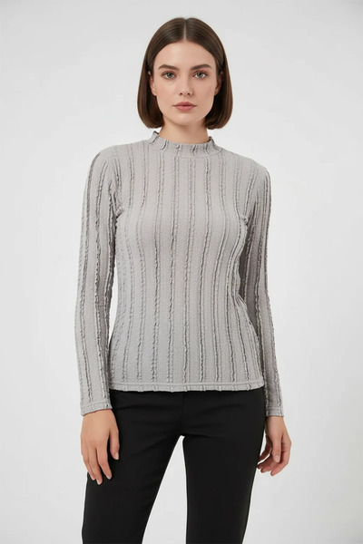 buğrahayalin Women's High Collar Textured Gray Blouse