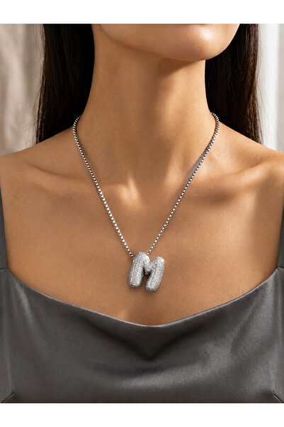 FM 💎   Premium Silver Color 316L Steel Shiny Stone Stylish m Letter Necklace...