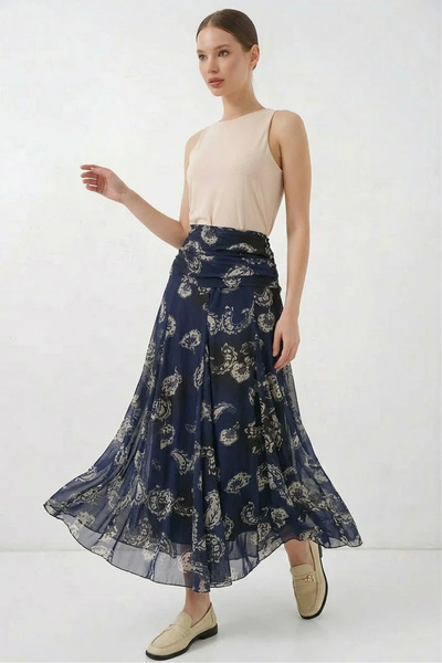 buğrahayalin Women's Patterned Chiffon Navy Blue Skirt with Gathered Waist