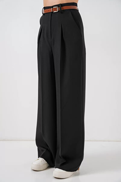 Efnaz style Women's High Waist Belted Palazzo Wide Leg Black Trousers